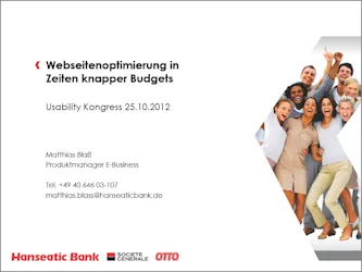 Screenshot einer präsentation: Vortrag zum Thema "Webseiten-Optimierung durch Multivariates Testing und Mousetracking" auf dem 5. Usability Kongress