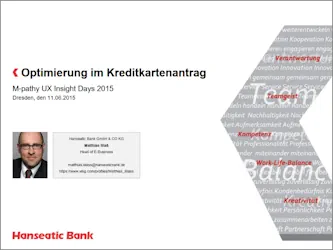 Screenshot einer präsentation: Vortrag zum Thema "Conversion Optimierung bei Online-Antragsstrecken" auf den M-Pathy UX Insight Days