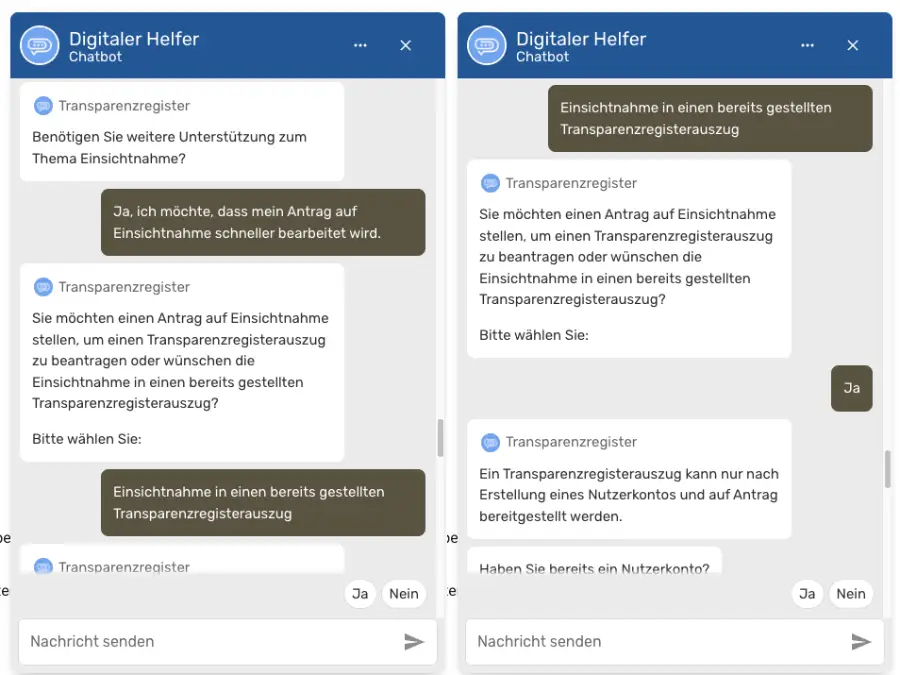 Screenshot Chatbot Transparenzregister Screenshot eines Chatbots des Transparenzregisters mit missverständlicher Kundenkommunikation