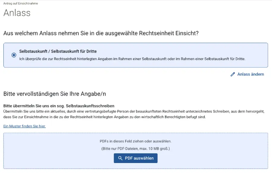 Screenshot Selbstauskunft Transparenzregister