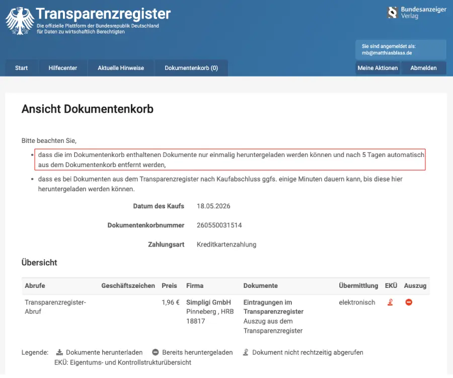 Screenshot Transparenzregister Historie Screenshot zeigt einen Auszug eines Hinweistextes des Transparenzregisters mit dem Löschhinhweis nach 5 Tagen